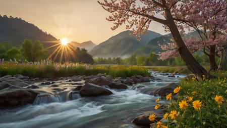 Cherry blossoms and mountain river in the spring,sunsetの写真素材