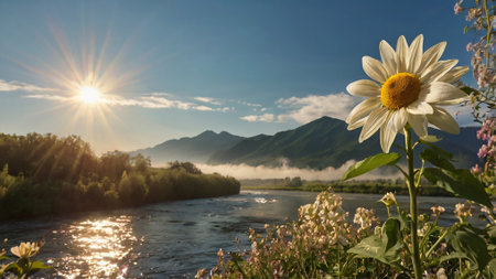 Sunrise over the mountain river. Beautiful summer landscape with flowers.の写真素材