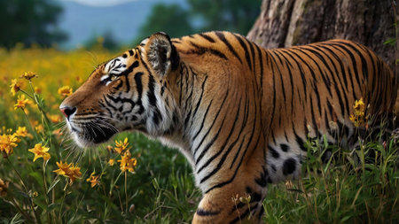 Close-up of a tiger walking in a field of yellow flowers