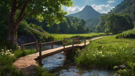Wooden bridge over the river in the mountains. Summer landscape.