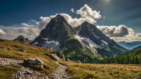Mountain landscape with a footpath in the foreground and the Matterhorn in the backgroundの写真素材