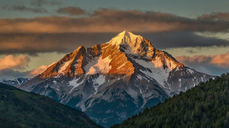 Mountain peak at sunset. Caucasus Mountains, Georgia, region Gudauri.の写真素材