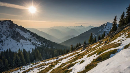Beautiful winter landscape in the mountains. Sunrise in the mountains.の写真素材