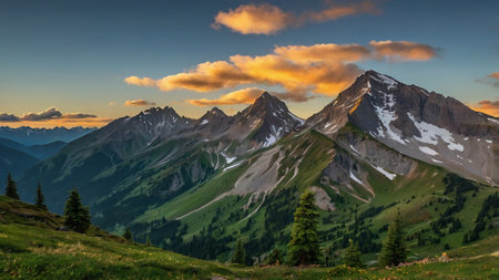 Sunset in the mountains of the Caucasus. View of the peaks of the mountains.