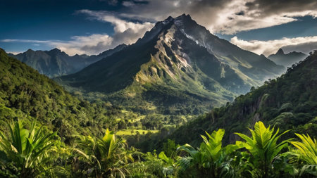 Panoramic view of the mountains and valleys of the island of Baliの写真素材