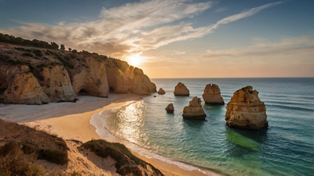 tropical the beach at sunset. Portugal, Algarveの写真素材