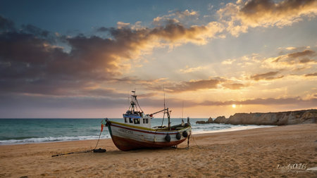 boat_on_the_beach_at_sunset_Portugal_Algarveの写真素材