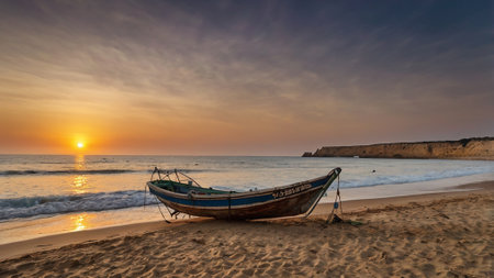 boat_on_the_beach_at_sunset_Portugal_Algarveの写真素材