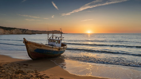 boat_on_the_beach_at_sunset_Portugal_Algarveの写真素材