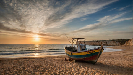 boat_on_the_beach_at_sunset_Portugal_Algarveの写真素材