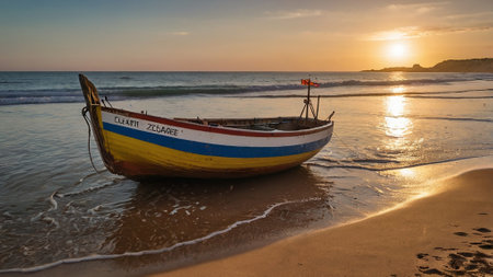 boat_on_the_beach_at_sunset_Portugal_Algarveの写真素材