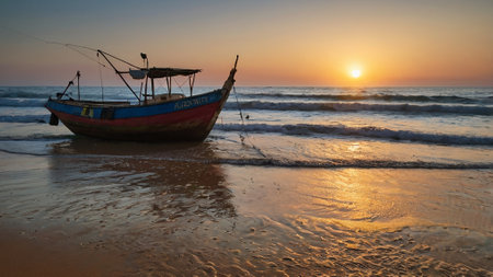 boat_on_the_beach_at_sunset_Portugal_Algarveの写真素材