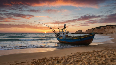 boat_on_the_beach_at_sunset_Portugal_Algarveの写真素材