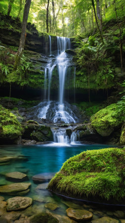 waterfall in the middle of a lush green forestの写真素材