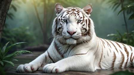 White tiger with green eyes, close up portrait of a wild animal