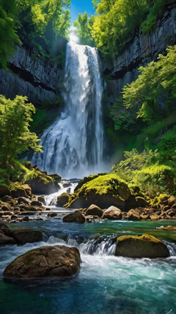 Waterfall in the forest in the Carpathian mountains, Ukraineの写真素材