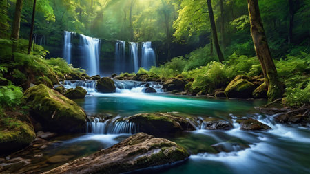 Waterfall in the forest in the Carpathian mountains, Ukraineの写真素材