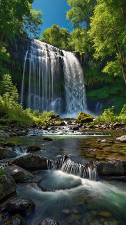 Beautiful waterfall in the forest in summer, Plitvice Lakes National Park, Croatiaの写真素材