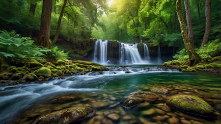 Beautiful waterfall in the forest in summer, long exposure photo.