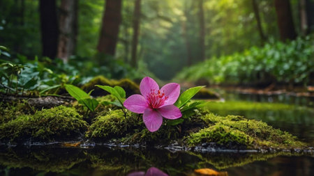 Morning in the forest. Sunlight through the trees. Morning in the forestの写真素材