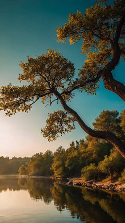 Morning in the forest. Sunlight through the trees. Morning in the forest