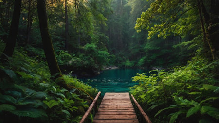 Wooden bridge in deep forest with emerald green water and sunlightの写真素材
