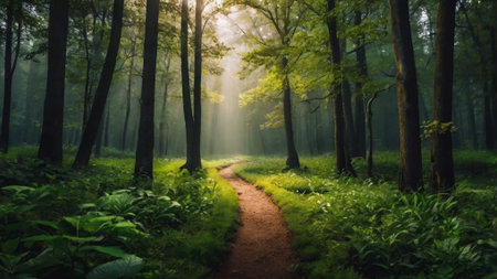 Panoramic view of a path through a green forest in the morning