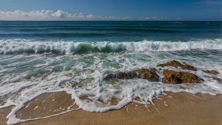 Beautiful seascape with waves crashing against the rocks on a sunny dayの写真素材