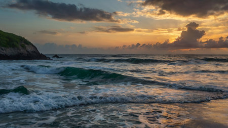 Beautiful seascape with waves crashing against the rocks on a sunny day