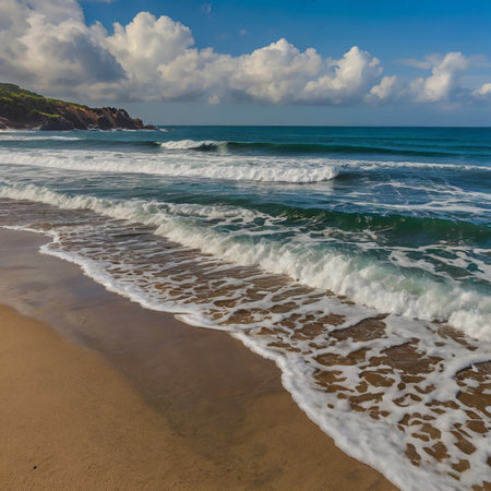 Beautiful seascape with waves crashing against the rocks on a sunny dayの写真素材