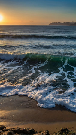 Beautiful seascape with waves crashing against the rocks on a sunny day