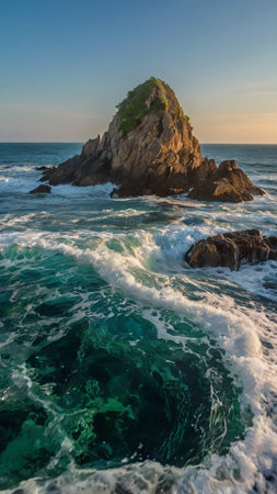 Beautiful seascape with waves crashing against the rocks on a sunny day