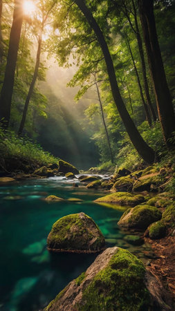 Beautiful mountain river with clear water and green forest in the background