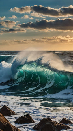 Big wave breaking on the rocks at sunset, Atlantic ocean, Portugalの写真素材