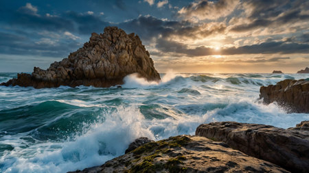 Beautiful seascape with rocks and waves at sunset. Nature composition.の写真素材