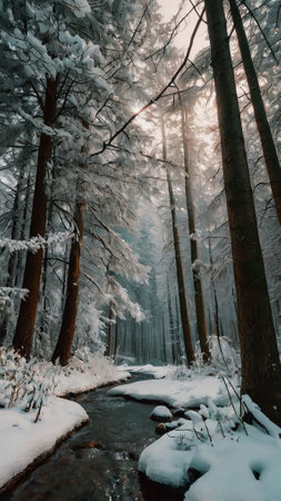 Beautiful winter landscape with snow-covered trees in the forest.の写真素材