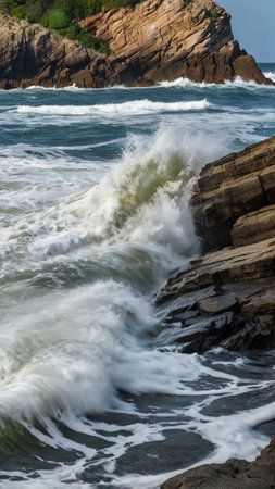 Waves breaking on the rocky shore of the Atlantic Ocean in Portugalの写真素材