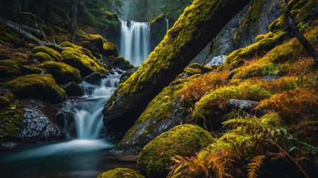Beautiful waterfall in the forest with moss and ferns.の写真素材