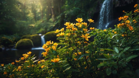 beautiful yellow flowers and waterfall in the forest, nature background.