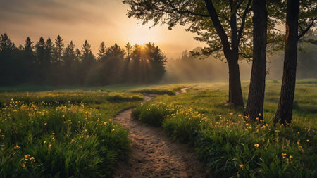 Dirt road in the misty forest at sunrise. Beautiful summer landscape.の写真素材