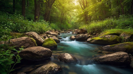 Mountain stream in the green forest at sunset. Beautiful nature background