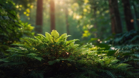 Beautiful green fern in the forest at sunset. Nature backgroundの写真素材