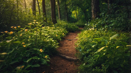 Path in the green forest. Sunlight through the trees. Nature backgroundの写真素材