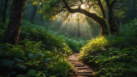 Path in the forest at dawn. Sun rays passing through the trees.
