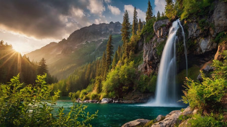 Beautiful waterfall in the mountains. Waterfall in the valley.の写真素材