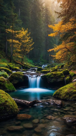 Beautiful waterfall in the autumn forest. Waterfall in the mountains