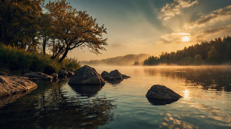 Sunrise over the misty lake in the forest. Nature composition.の写真素材