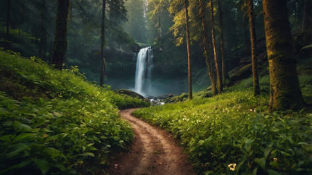 Beautiful waterfall in the forest at sunset. Beautiful summer landscape.