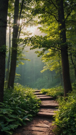 Path in the green forest with sun rays coming through the trees.