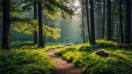 Path through the forest in a foggy morning. Panoramic image.の写真素材